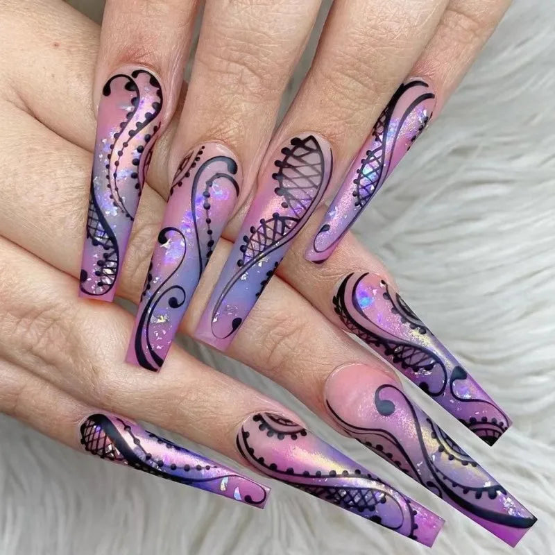 Cyflymder 24Pcs Long Ballerina Nails Set Press on Wearable Artifical False Nails with Glue Roses Pattern Designs Fake Nails Manicure tips