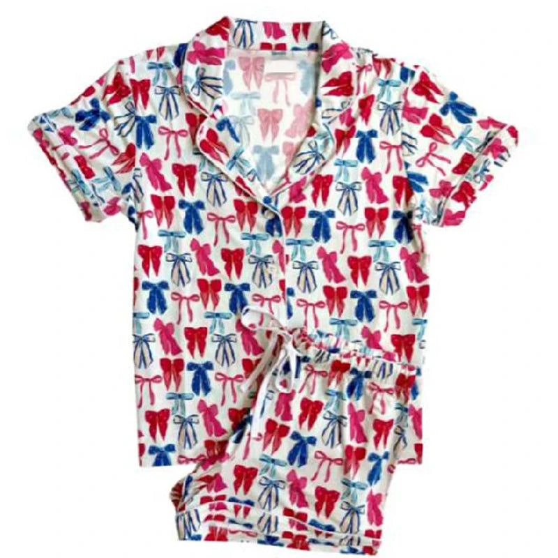 Cyflymder  Cherry/Bow/Butterfly Print Shirt + Shorts Sleepwear Sets Women Lounge 2 Piece Button Up Blouse Tops Cute Pajama Set