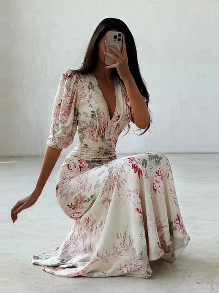 Cyflymder  Deep V Short Sleeve Printed Long Dress Women Sexy Waist Cinching Hip Package Party Evening Dresses Fashion Ladies Vestido Longo