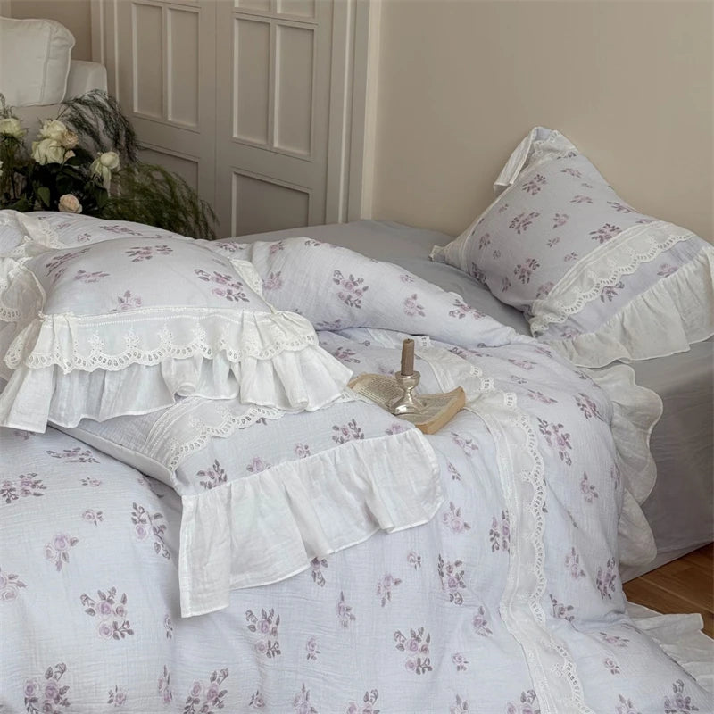 Cyflymder  Flowers Print Lace Ruffles Bedding Set 100% Cotton Double Layer Yarn Soft Duvet Cover Bed Sheet/Fitted Sheet Pillowcases 4Pcs