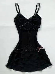 Cyflymder  Summer French Sweet Sexy Spice Style Girl Women Dress Y2k Lace Spliced Slim Waist A-line Short Sling Dress Harajuku Ruffle Tops