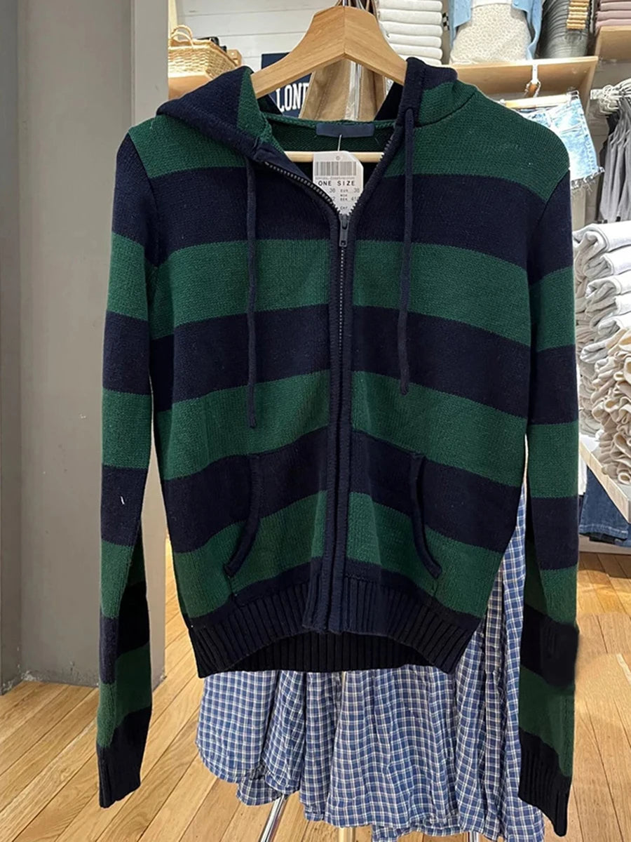 Cyflymder  Striped Pockets Knitted Hooded Sweater Women Autumn Fashion Cotton Retro Crop Pullover Tops Vintage Chic Sweet Cardigan Jumper
