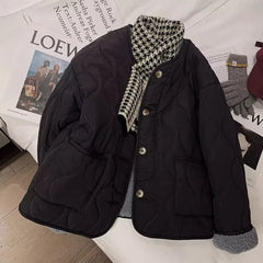 Cyflymder  Lamb Wool Cotton-padded Quilted Coats Women Wool-liner Warm Diamond Grid Jacket Lightweight Single-breasted Winter Short Coats