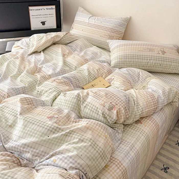 Cyflymder  Fashion Pure Cotton Grid Pattern Bedding Sets Skin Friendly Comfortable Bed Sheet Set for Adults Dormitory Home Quilt Cover Kit