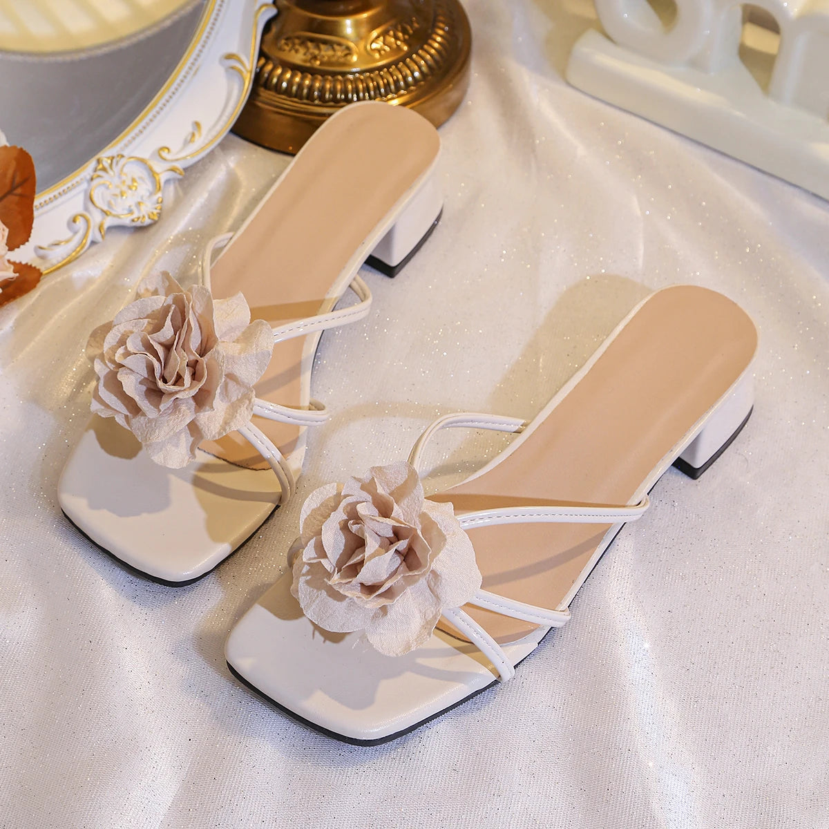 Cyflymder  Luxury Light Color Slippers Ladies Outdoor High-heel Slippers Fashion Flower Design Summer Square Head Women's Slippers