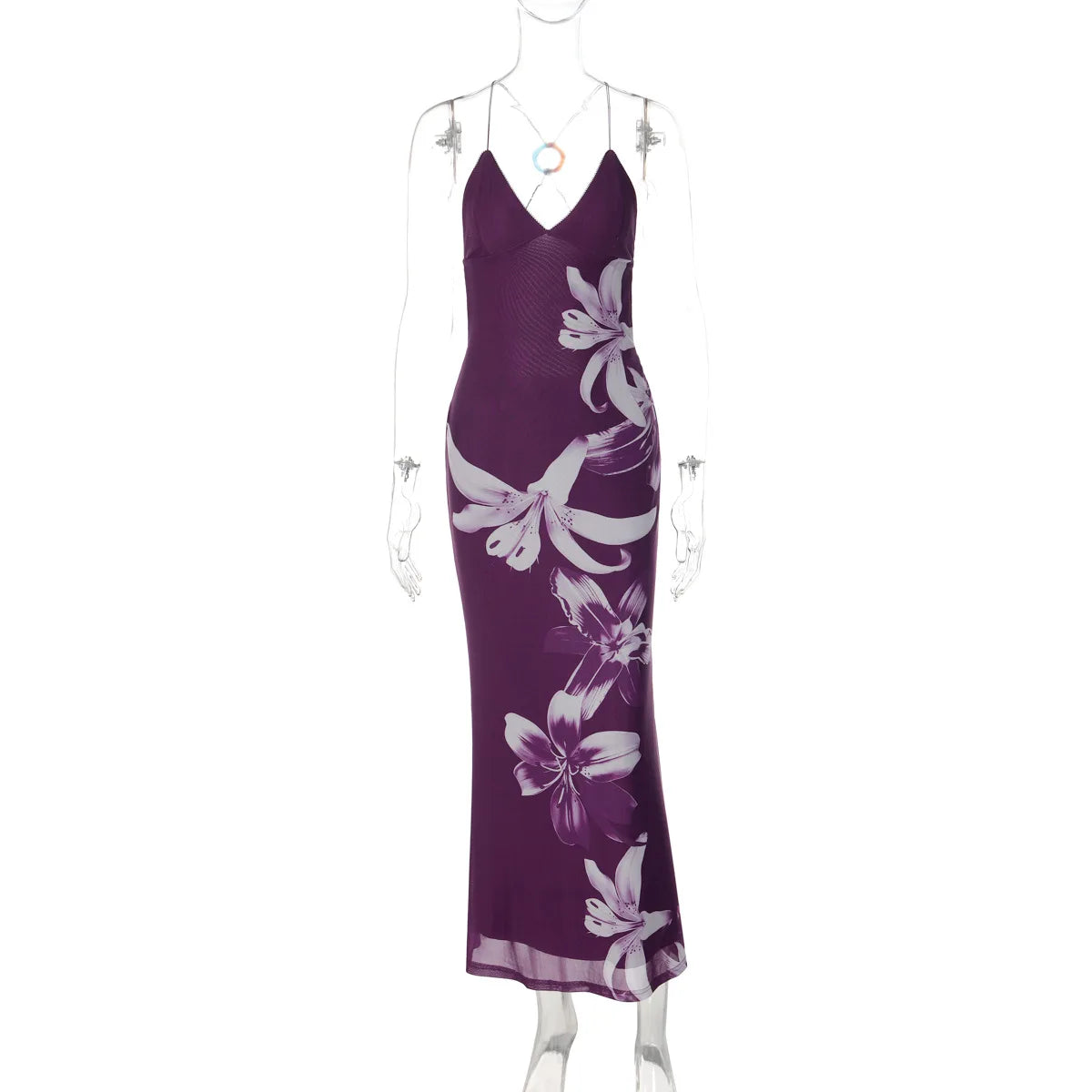 Cyflymder  2026 Women's Sexy Deep V Neck Sheer Floral Print Backless Spaghetti Strap Dress Summer Sleeveless Long Holiday Beach Dress