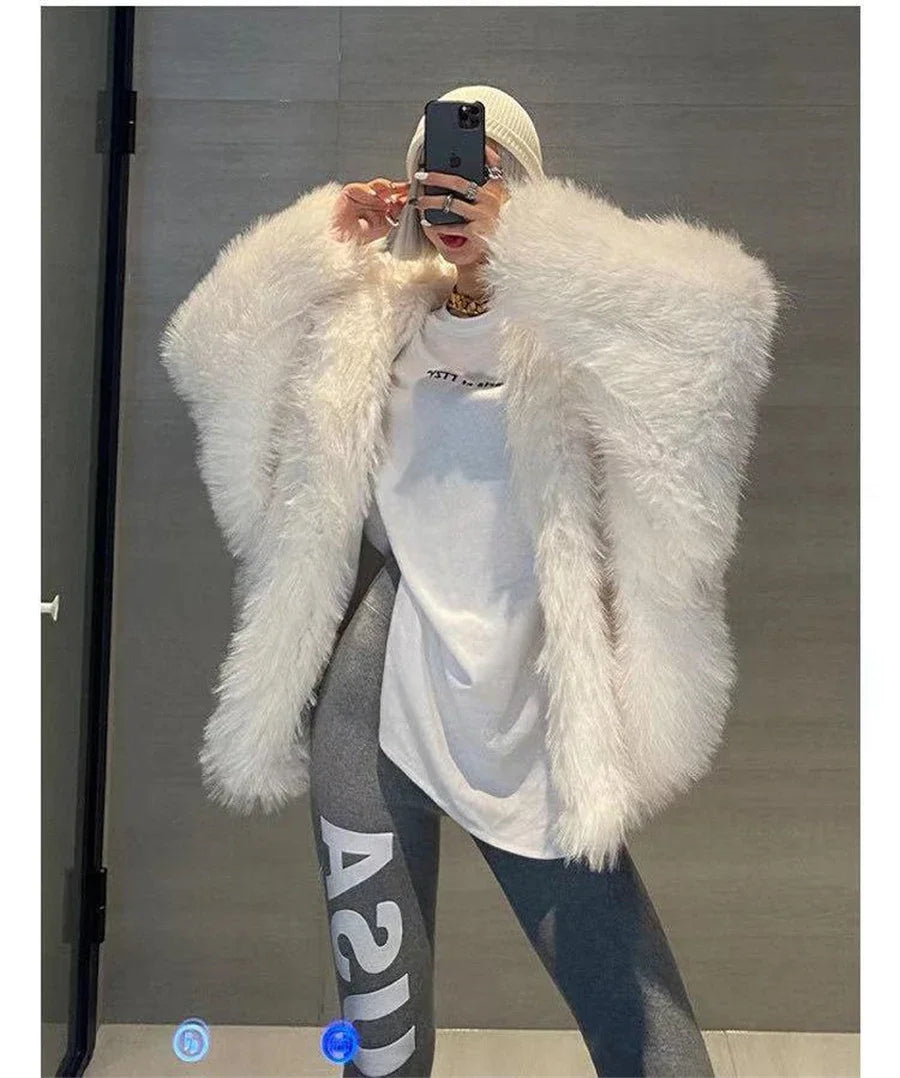 Cyflymder winter winery outfit Trendy Hooded Faux Fox Fur Coats super Warm Winter Furry Jacket Women Streetwear Plush Clothing Loose Casual Whiter Chaquetas