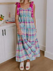 Cyflymder  Elegant Sleeveless Maxi Dress with Tie-Shoulder Detail and Ruffled Trim in Chic Plaid Pattern for Women s Fashion