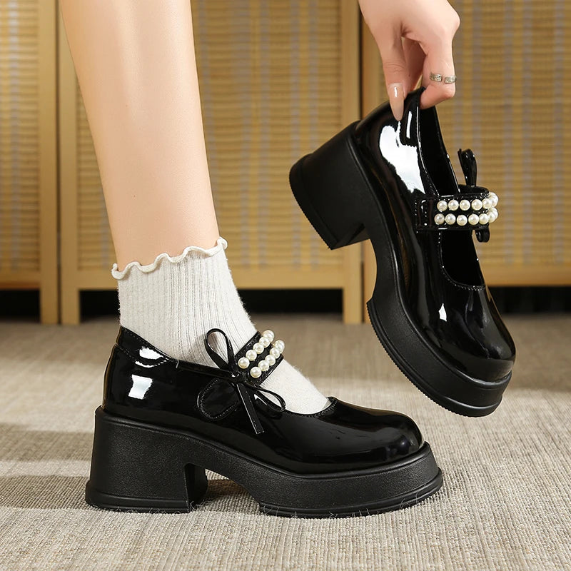 Cyflymder  Vintage High Heels Mary Jane Shoes for Women 2025 Patent Leather Platform Pumps Woman Pearls Thick-Heeled Shoes Female