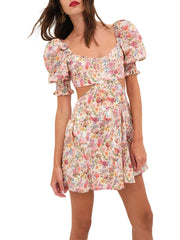 Cyflymder  Women s Summer Floral Print Dress Short Puff  Square Neck Cutout Waist  Mini A-Line Dress