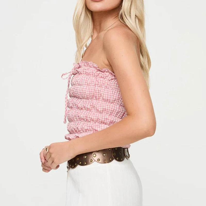 Cyflymder  Plaid Strapless Tube Tops Elastic Ruched Off Shoulder Crop Tops Bandeau 90s Vintage Backless Y2K Tank Vest Women