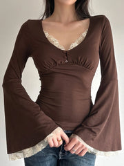 Cyflymder   Autumn Temperament Lace Patchwork V Neck Flare Sleeve Solid Slim Sexy All Match Top Female