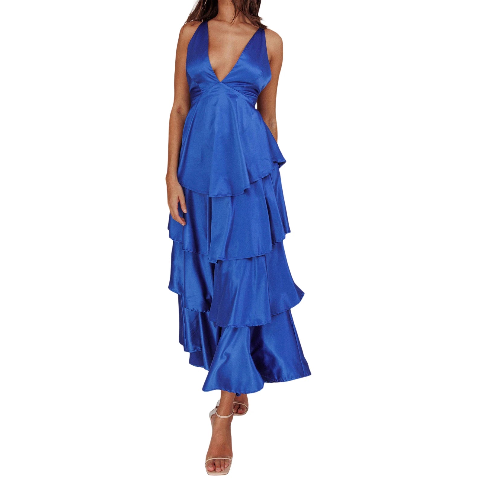 Cyflymder  Elegant Lace Sleeveless V-neck Backless Maxi Dress with Ruffled Hemline for Wedding Guest or Formal Event