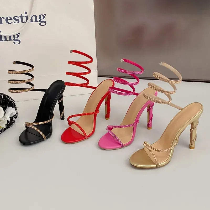 Cyflymder  Summer Luxury Crystal Snake Coiled Women Sandals Sexy Narrow band Thin High heels Wedding Party Female Gladiator Shoes