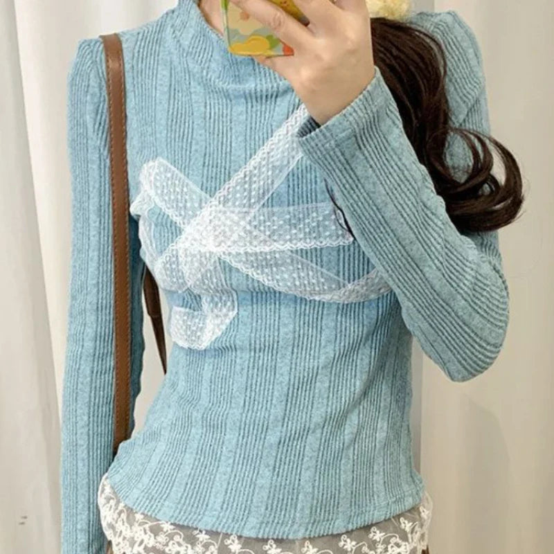 Cyflymder Korean Style Y2k Knitted Pullover Women Bow Lace Long Sleeve Sweaters Harajuku Vintage Patchwork Knitwear Pullovers