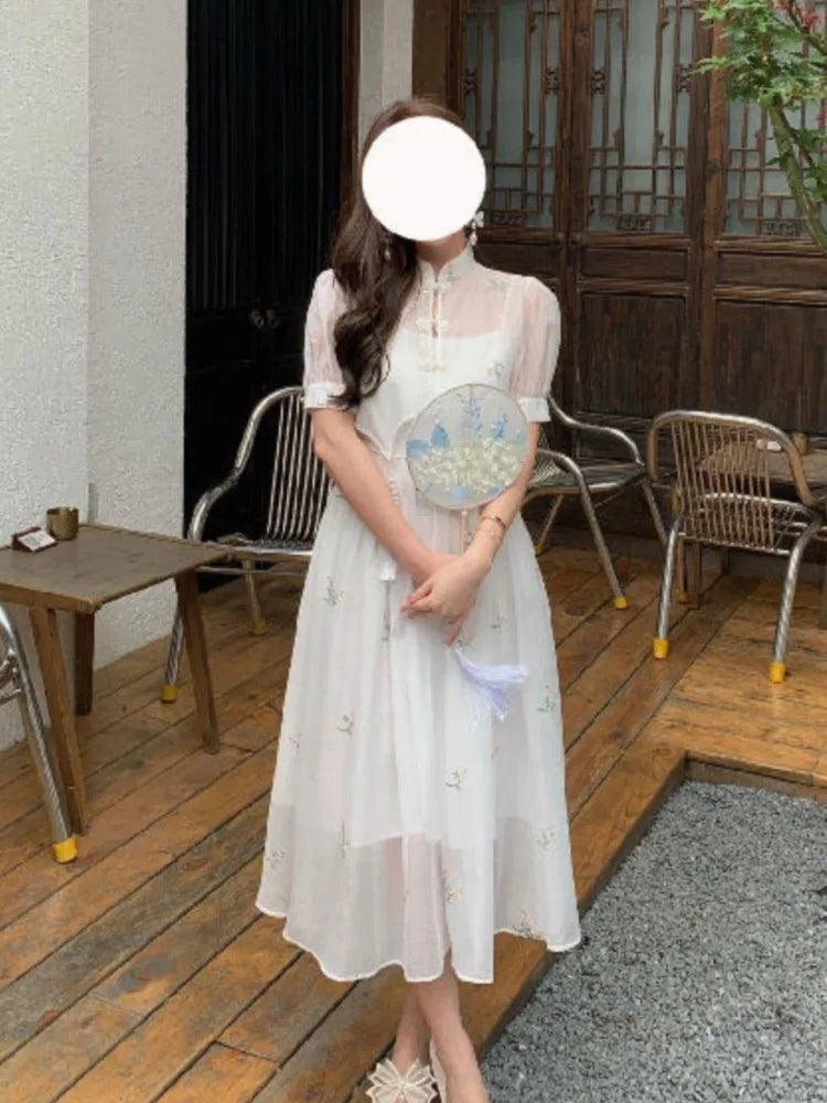 Cyflymder  Dress Sets Summer Women Chinese Style Floral Hight Waist Mesh Midi Dresses Elegant Casual Gentle Wind Female Dress Vestidos