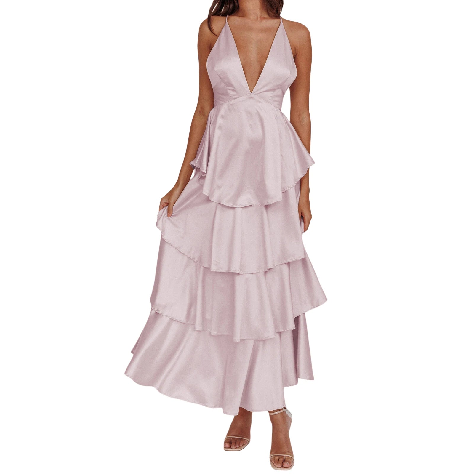 Cyflymder  Elegant Lace Sleeveless V-neck Backless Maxi Dress with Ruffled Hemline for Wedding Guest or Formal Event