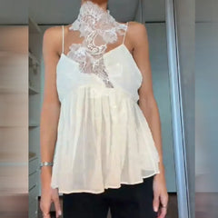 Cyflymder  Sleeveless Blouse For Women Trendy Lace Neck Spaghetti Strap Deep V Open Back Pleated Hem T-shirt Office Casual Lady's Top