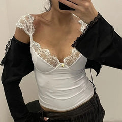 Cyflymder  Chic Sexy Eyelash Lace Trim Straps Low-cut V Neck Slim Fit Fashion Women Casual Solid Color Perspective Tank Top Vests