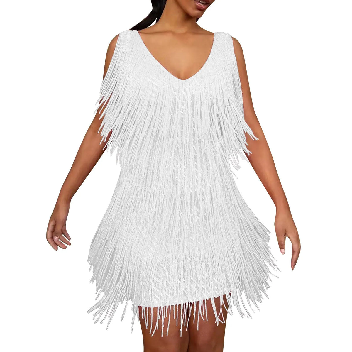 Cyflymder  Carnival Rave Women Mini Dress Tassels Shiny Sequined Sleeveless Sexy Party Dress Clubwear V-Neck Bodycon Large Size Vestidos