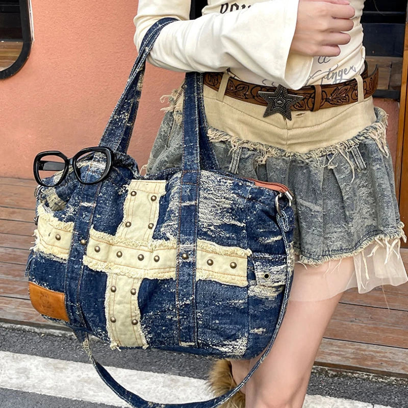 Cyflymder  High-capacity Patchwork Cross Vintage Rivet Shoulder Underarm Bag Grunge Punk Denim Bags Y2k Aesthetic Women Handbags Crossbody