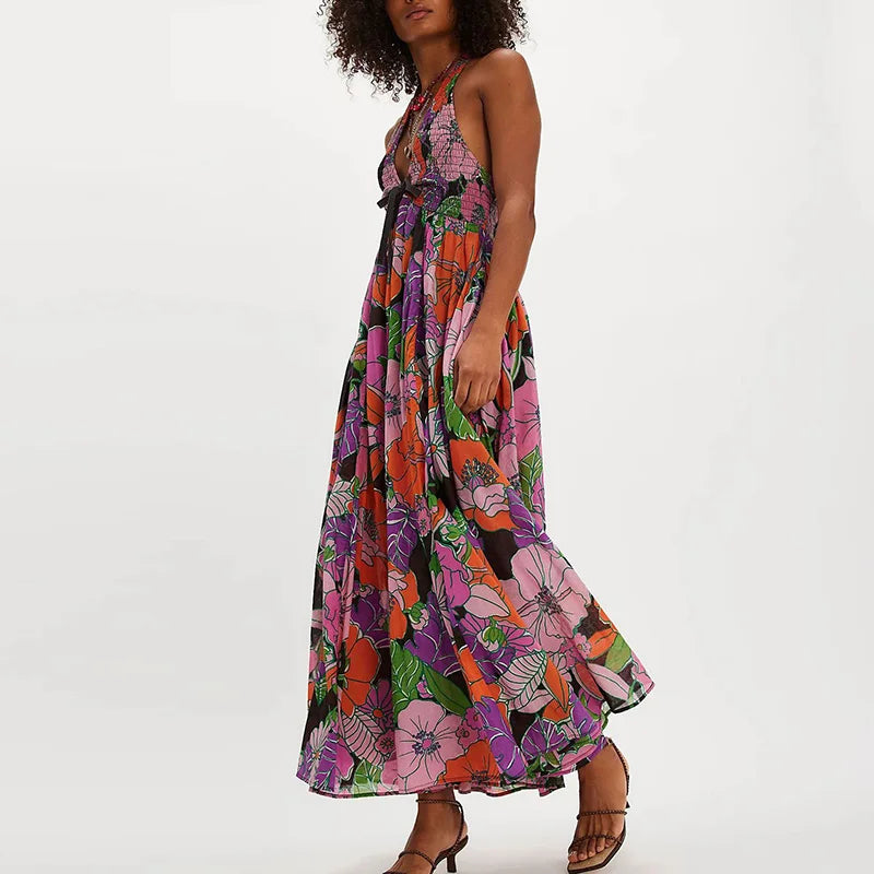 Cyflymder  Vintage Floral Printed Halter Evening Dress Sexy Off Shoulder High Waist Pleated Dress Trendy Backless Swing Women's Beach Dress