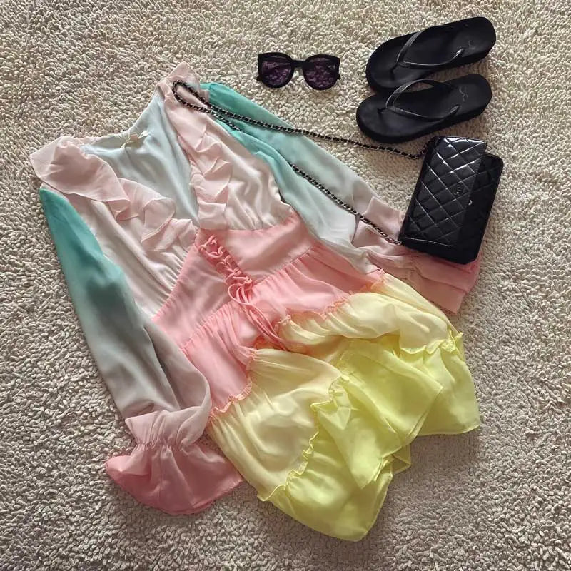 Cyflymder  rainbow DRESS women V-neck Tiered ruffle trim Summer dress holiday boho beach dress female