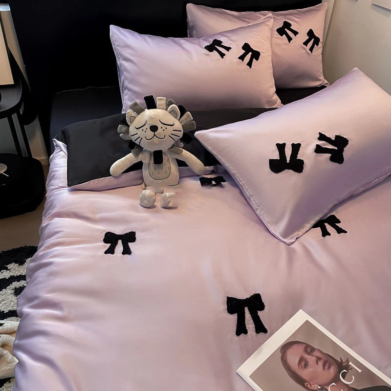 Cyflymder  Nordic Style Rayon Silk Bow Embroidery Bedding Sets Ice Silk Duvet Covers Bed Sheet Pillowcases Queen/king Bedclothes for Summer