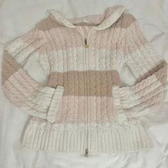Cyflymder  Women Hooded Zip‑Up Knit Cardigan Color Block Stripe Cable Knit Long Sleeve Y2K Sweet Casual Sweater Tops