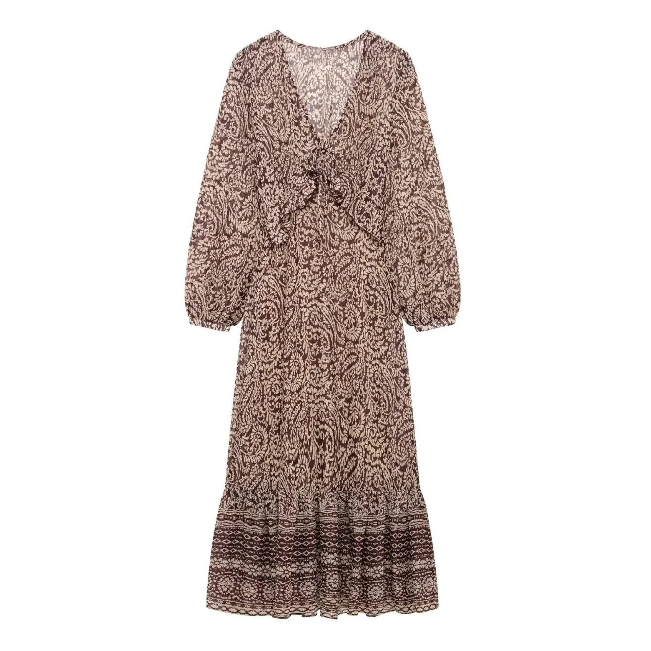 Cyflymder  Floral Print Long Dress Women 2025 New Summer Elegant Loose V-neck Lace Up Midi Dresses Vintage Chic Boho Casual Party Dresses