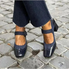 Cyflymder  New Women's Red Black Mary Janes Shoes High Quality Leather High Heel Dress Shoes Square Toe Shallow Buckle Strap Women's Shoes