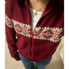 Cyflymder  Women Y2K Vintage Fair Isle Zip Up Knit Sweater Long Sleeve Retro Geometric Jacquard Cardigan Casual Fall Outerwear