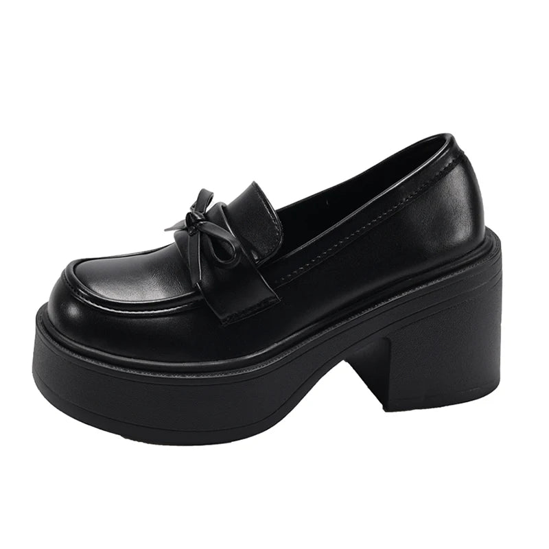 Cyflymder  Bowknot Decor Chunky High Heel Pumps Women Goth Patent Leather Platform Loafers Woman Fashion Thick Sole Jk Uniform Shoes