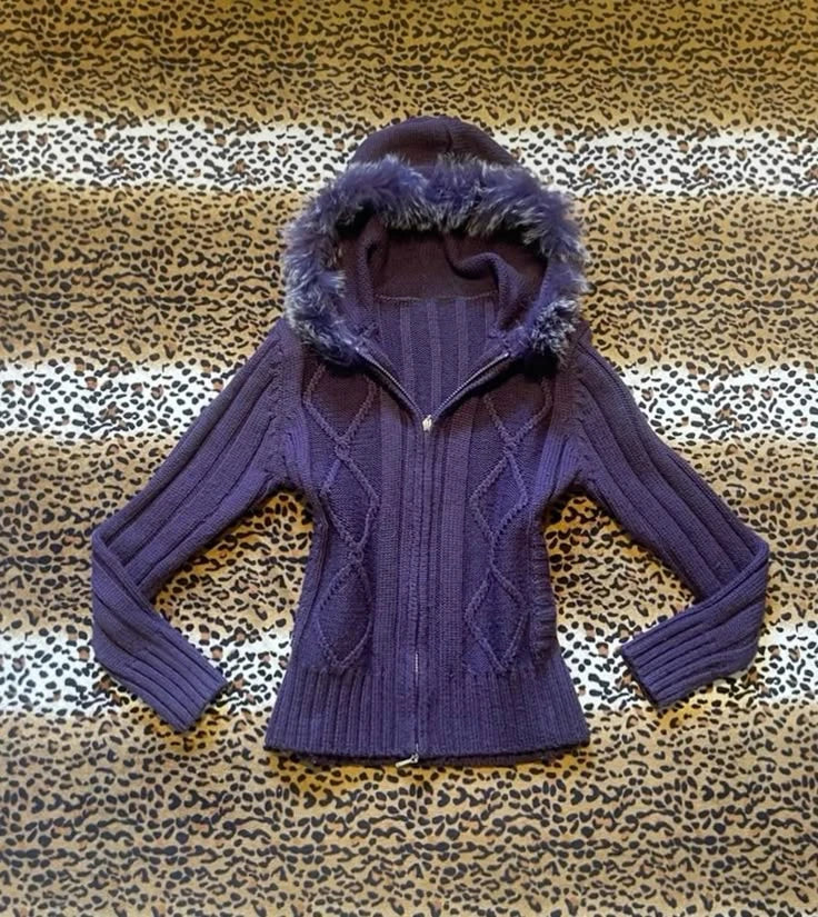 Cyflymder  American vintage y2k millennium Lingg fur collar hooded knitted sweater women autumn and winter purple slim zipper cardigan emo