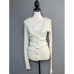 Cyflymder  Women's Cable Knit Cardigan V Neck Long Sleeve Button Slim Fit Pockets White Casual Fall Winter Outerwear