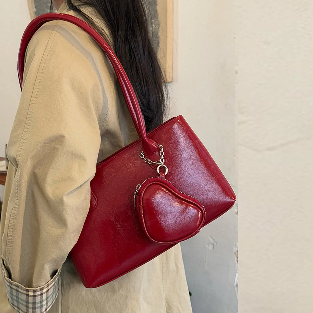 Cyflymder  Korean Long Handle Shoulder Bag, Large Capacity Women's Commuting Tote Bag, Fashionable and Elegant Wine Red Bridal Bag