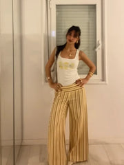 Cyflymder  Women's New Retro High Waist Striped Straight-leg Stylish Loose Flare Trousers Female Daily Dating Beach Streetwear Trousers