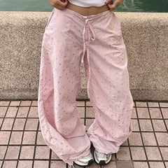 Cyflymder  Pink Star Graphic Print Women Sweatpants Drawstring Wide Leg American Retro Baggy Jogging Pants Y2K Harajuku Gyaru