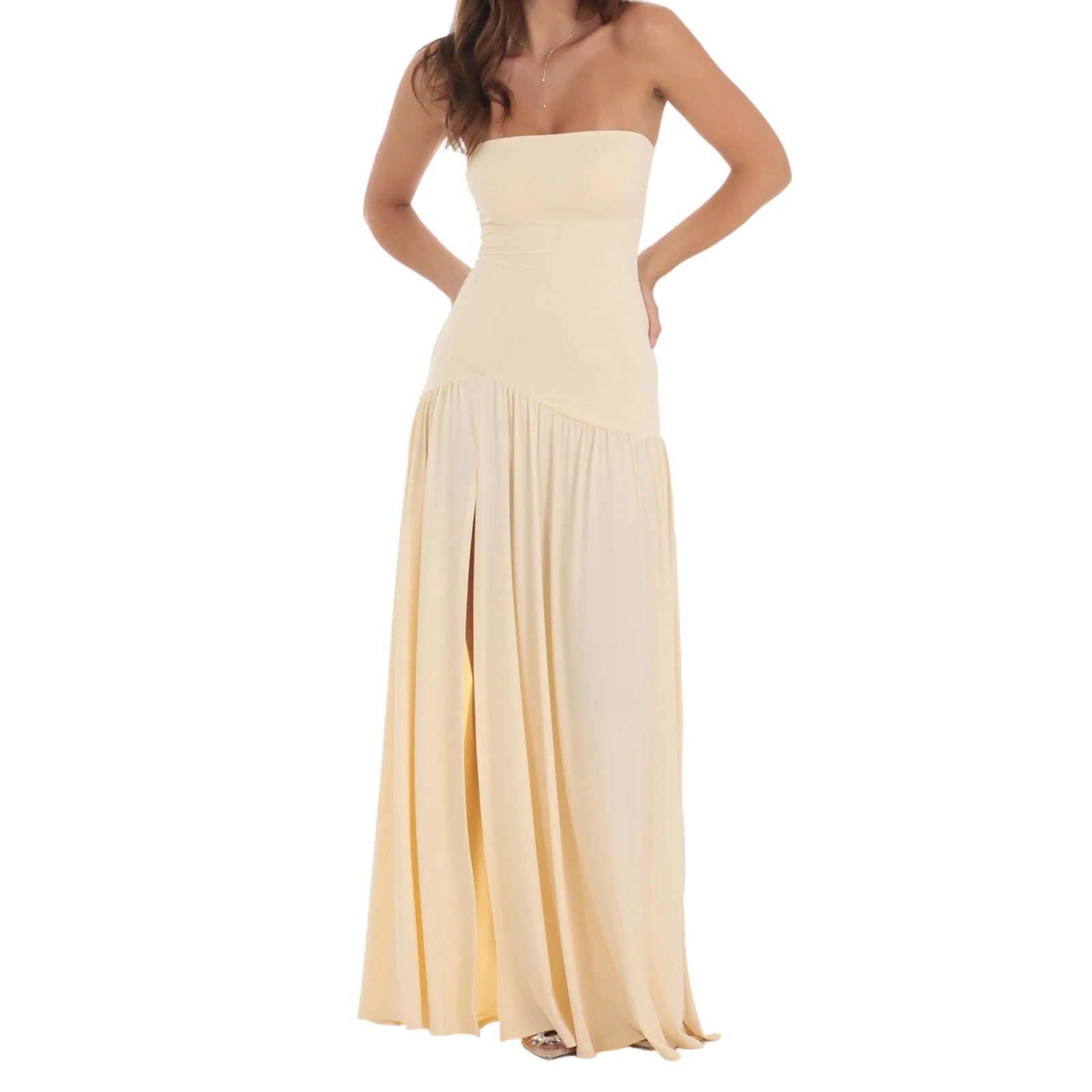Cyflymder  Elegant Floral Print Off Shoulder Maxi Dress with High Side Slit and Sleeveless Design for Evening Party or Clubwear