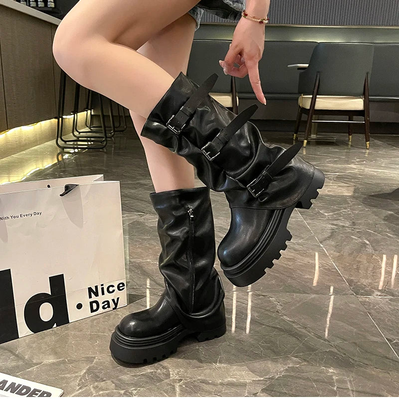 Cyflymder  Designer Thick Heel Women Western Cowboy Boots Fashion Ladies Belt Buckle Knight Booties botas de inverno feminina
