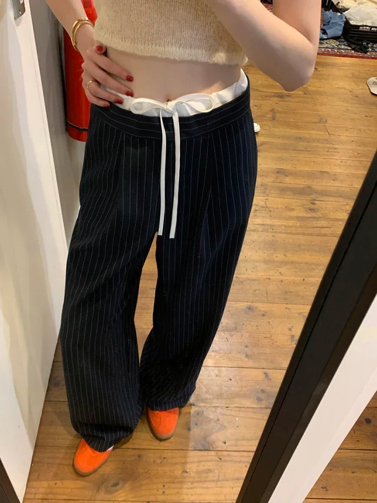 Cyflymder  Korean chic spring retro niche splicing high waist lace up versatile slim striped casual pants wide leg pants long 2025 New