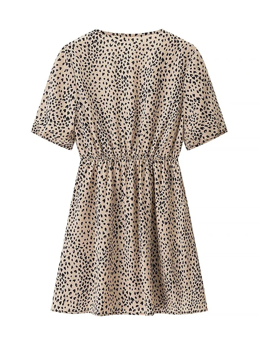 Cyflymder  French Sexy Leopard Printed Dress for Women V Neck Half Sleeve Spliced Lace Up Slim Temperament Dresses Female New