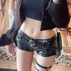 Cyflymder  Vintage Nightclub Sexy Low Waist Pu Leather Belt Ultra Shorts Boots Women's Fashionable Versatile Female Dressing Shorts