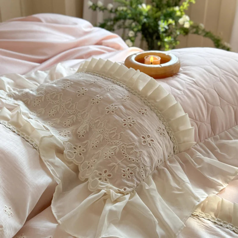 Cyflymder  4Pcs Pink  Lace Ruffles Sweet Girl Bedding Set Pure Cotton Queen King Size Duvet Cover Bed Sheet Or Quilted Bedspread Pillowcase