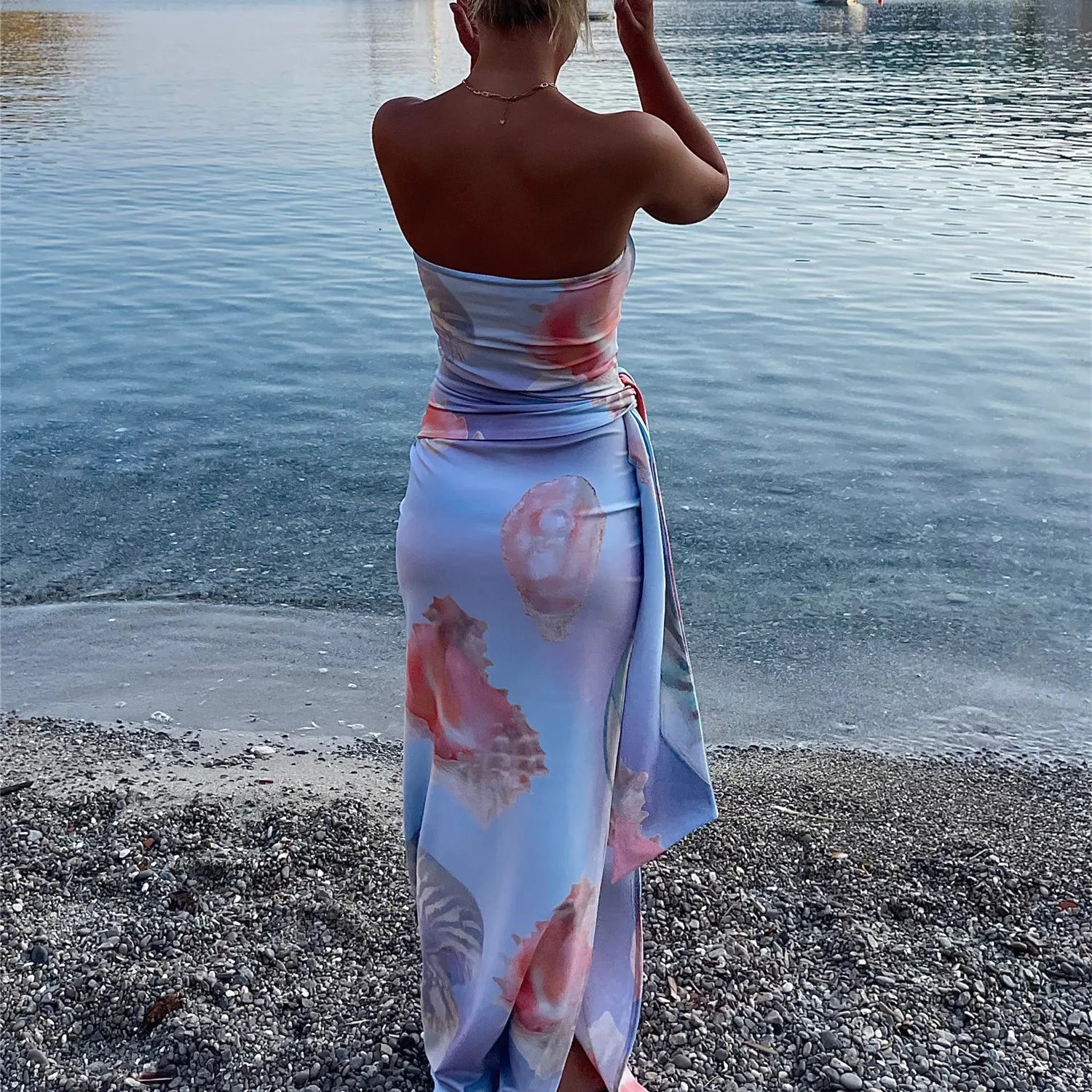 Cyflymder  Women Strapless Maxi Dress Boho Floral Print Bodycon Long Tube Dress Summer Tie Waist Long Holiday Beach Sundress
