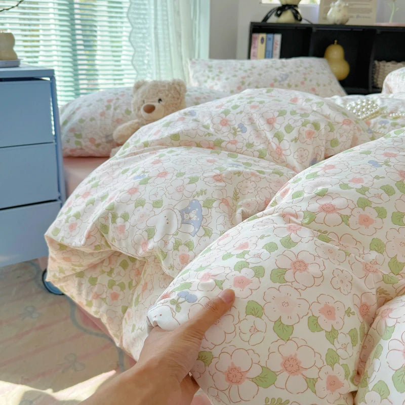 Cyflymder  INS Korean Style 2025 Floral Bedding Sets New Skin Friendly Soft Washed Cotton Printed Bed Sheet Sets