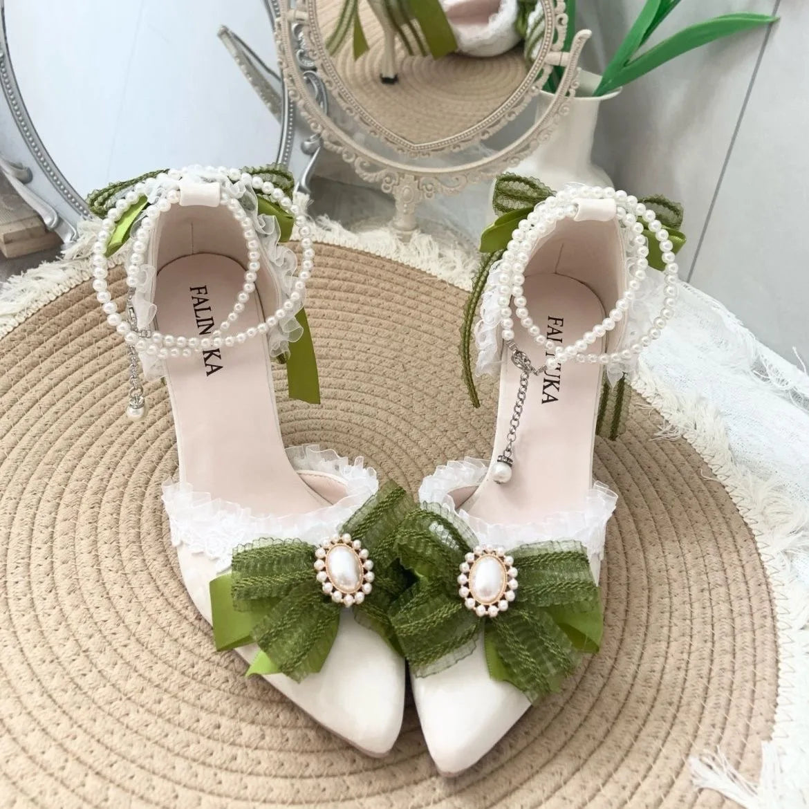 Cyflymder  White Green Bridal Shoes Wedding Lolita Shoes for Woman Heel Y2K Accessories Green Heels Bow Pearl Bridal Shoes Elegant