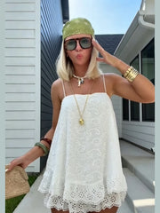 Cyflymder  Thin Strap Square Neck Loose Mini Skirt Hollow Cutout Pattern Double Ruffle Hem Dress Lady's Dating Vacation Casual Streeewear