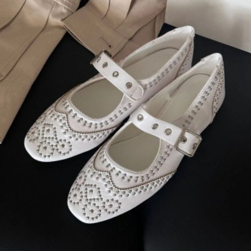 Cyflymder  Retro Rivet Buckle Design Flats Women Round Toe Shallow Elegant Mary Jane Shoes for Ladies Fashion Brand Designer Casual Shoes