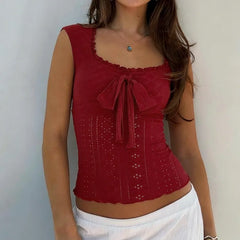 Cyflymder  European and American Sexy Solid Color Bow Tie Vest Square Neck Sleeveless Hot Girl Casual Short Top for Women